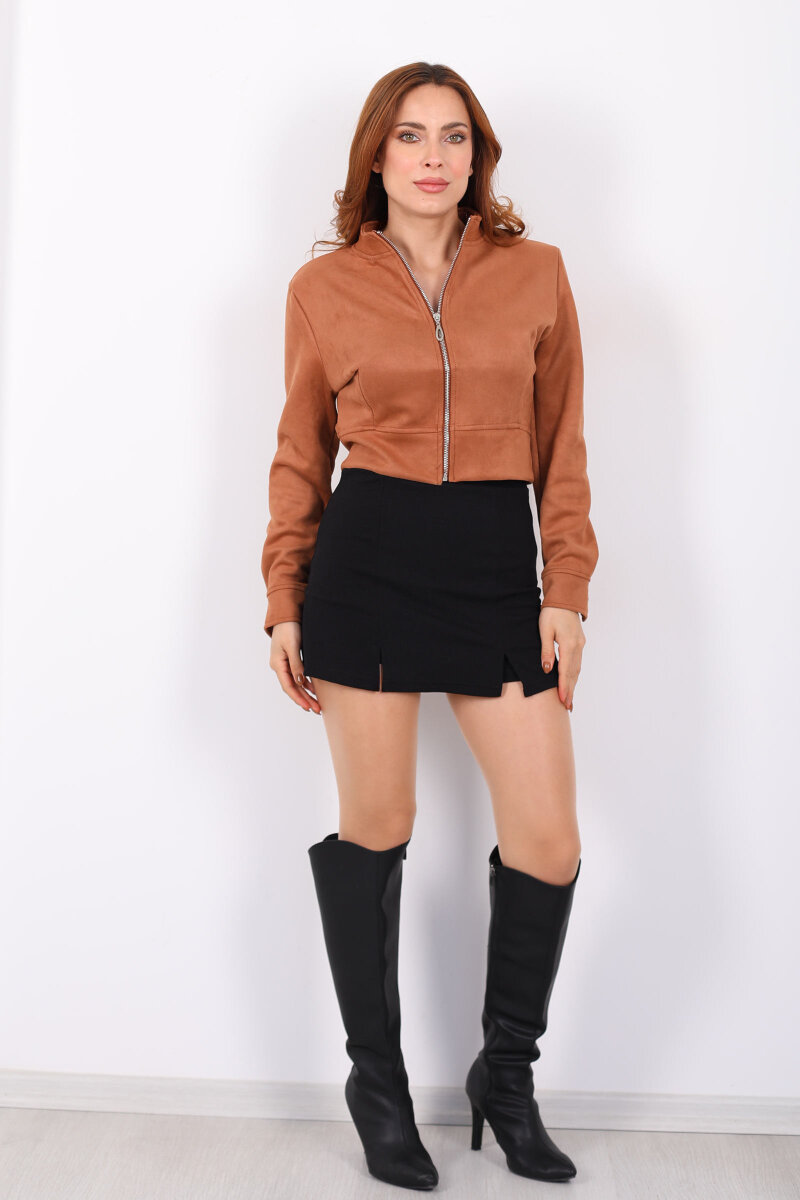 Dik Yaka Taba Kadın Süet Ceket - 7