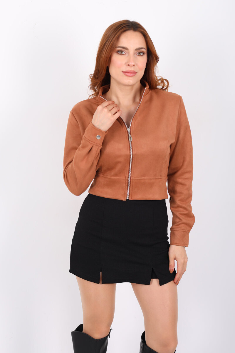 Dik Yaka Taba Kadın Süet Ceket - 3