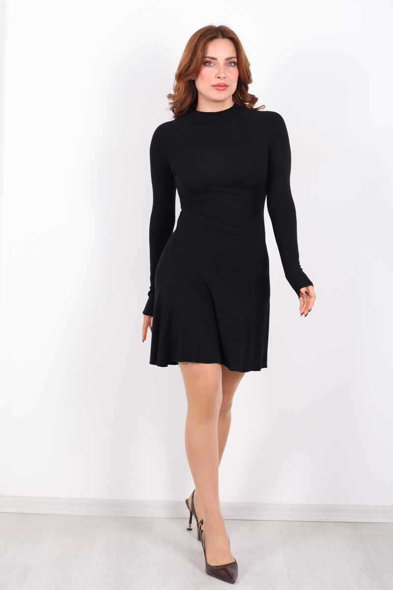 Dik Yaka Uzun Kol Siyah Kadın Çan Elbise - 3