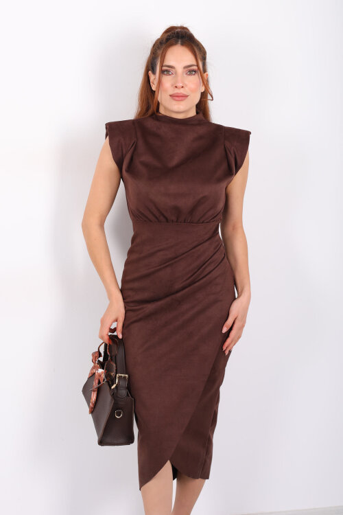 Dik Yaka Vatkalı Acı Kahve Kadın Süet Midi Elbise - 5
