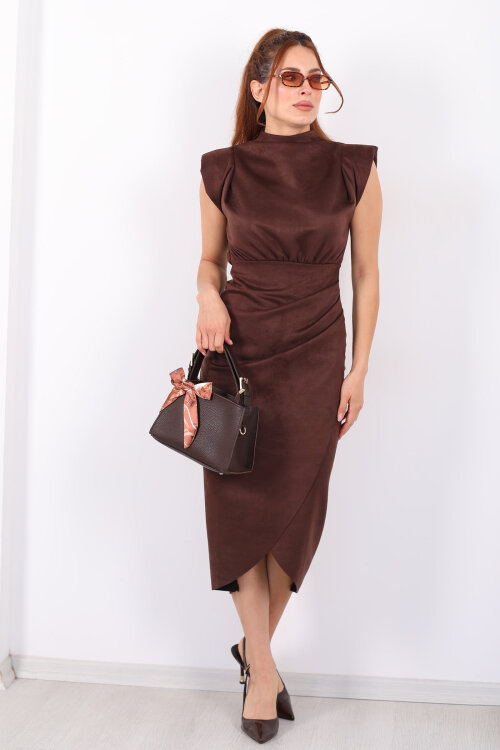 Dik Yaka Vatkalı Acı Kahve Kadın Süet Midi Elbise - 3