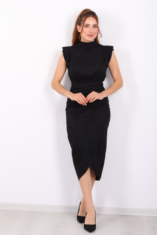 Dik Yaka Vatkalı Siyah Kadın Süet Midi Elbise - 3