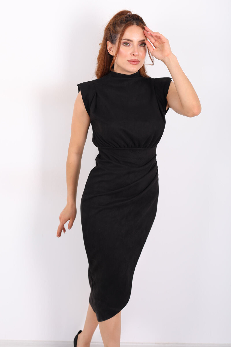 Dik Yaka Vatkalı Siyah Kadın Süet Midi Elbise - 4