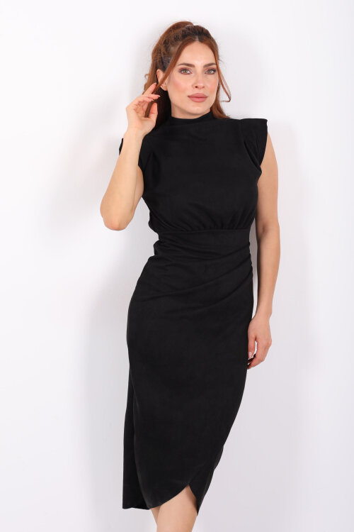 Dik Yaka Vatkalı Siyah Kadın Süet Midi Elbise - 6