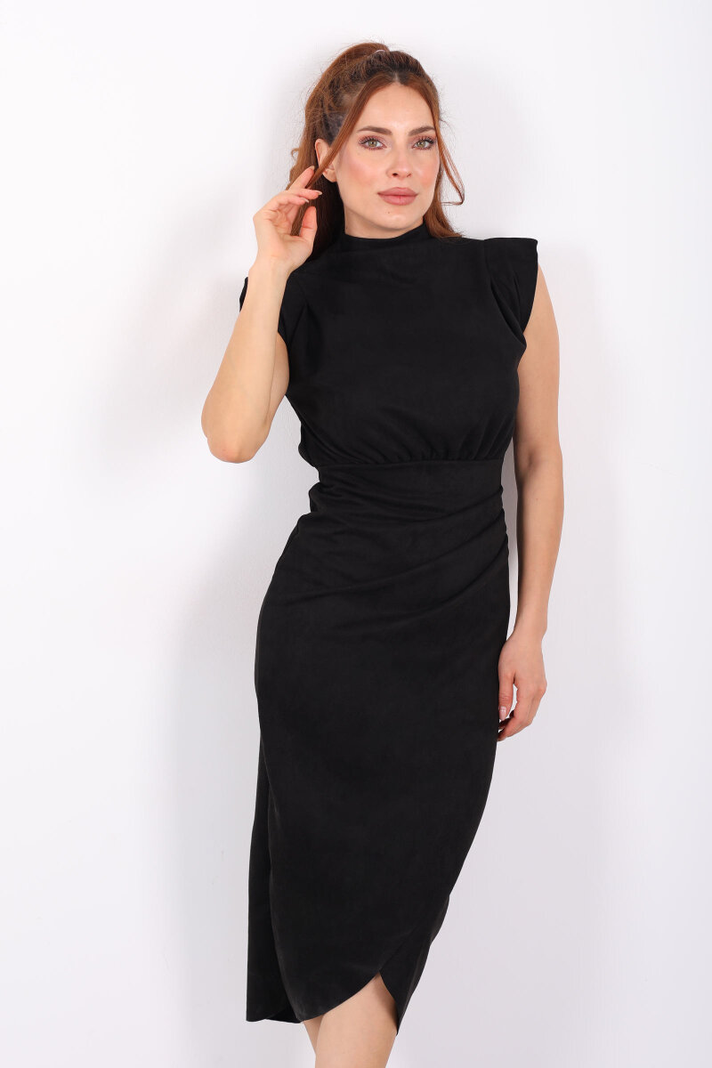 Dik Yaka Vatkalı Siyah Kadın Süet Midi Elbise - 6
