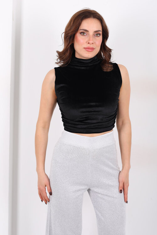 Dik Yaka Yanları Büzgülü Siyah Kadın Kadife Kolsuz Bluz - 3