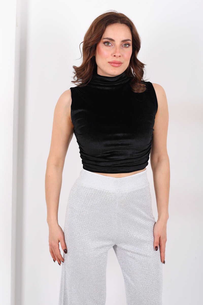 Dik Yaka Yanları Büzgülü Siyah Kadın Kadife Kolsuz Bluz - 3