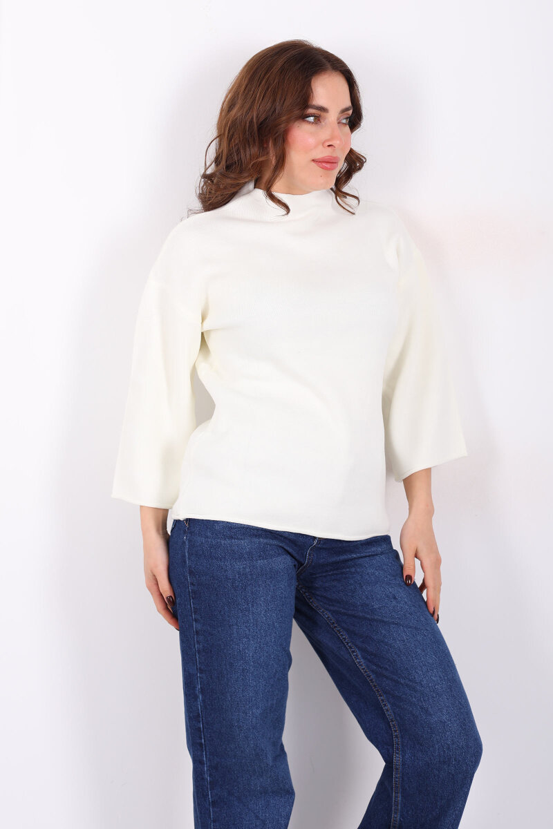 Dik Yaka Yarasa Kol Krem Kadın Kazak - 1