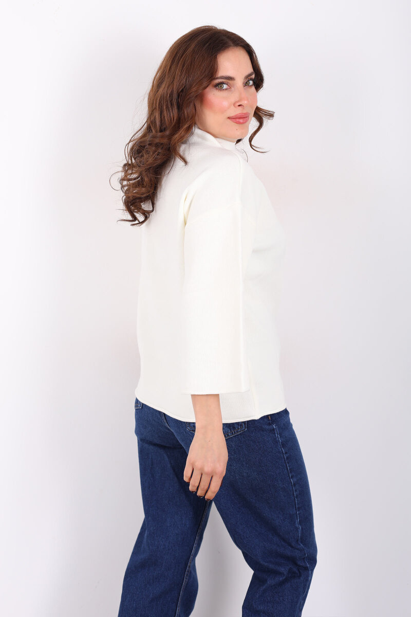 Dik Yaka Yarasa Kol Krem Kadın Kazak - 4