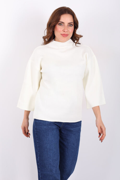 Dik Yaka Yarasa Kol Krem Kadın Kazak - 5