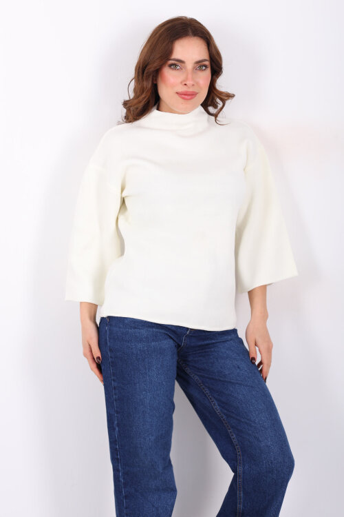 Dik Yaka Yarasa Kol Krem Kadın Kazak - 3