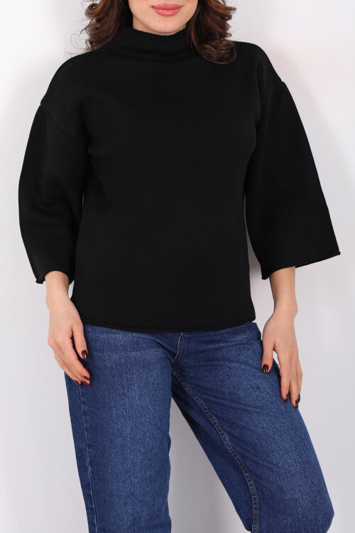 Dik Yaka Yarasa Kol Siyah Kadın Kazak - Berox (1)