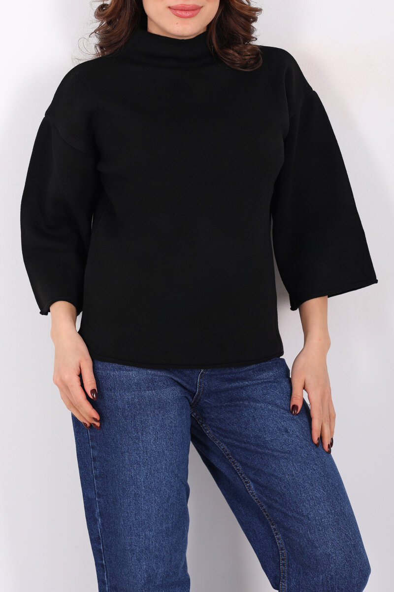 Dik Yaka Yarasa Kol Siyah Kadın Kazak - 2