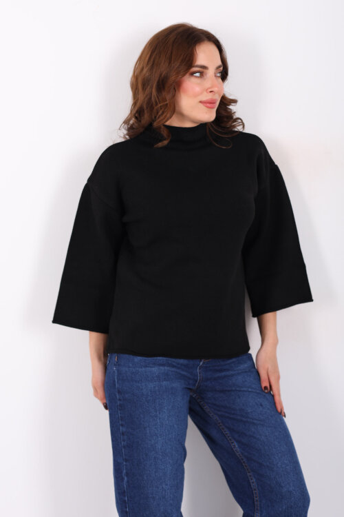 Dik Yaka Yarasa Kol Siyah Kadın Kazak - 3