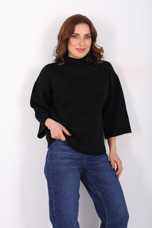 Dik Yaka Yarasa Kol Siyah Kadın Kazak - Berox