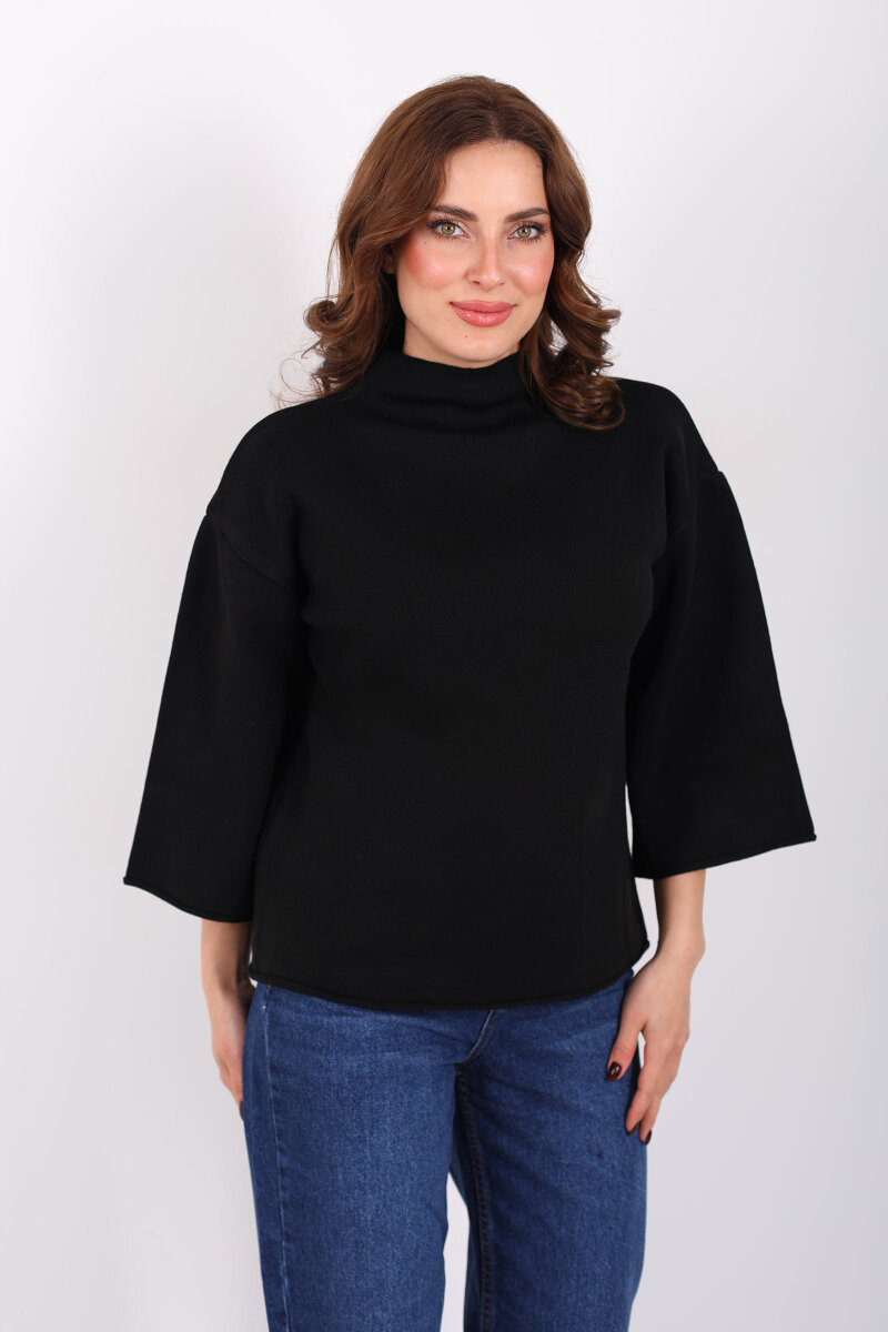 Dik Yaka Yarasa Kol Siyah Kadın Kazak - 5