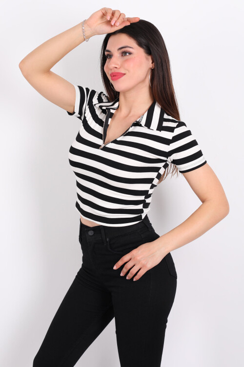 Dik Yaka Yarım Fermuar Beyaz Kadın Crop - 4