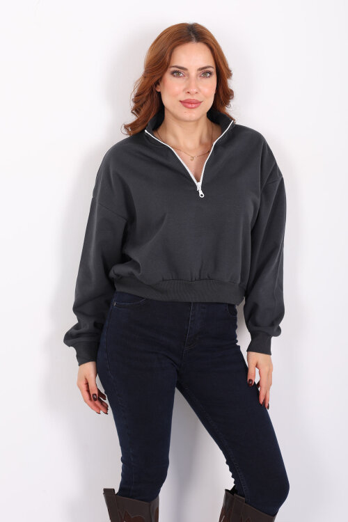Dik Yaka Yarım Fermuarlı Antrasit Kadın Üç İp Sweat - 6
