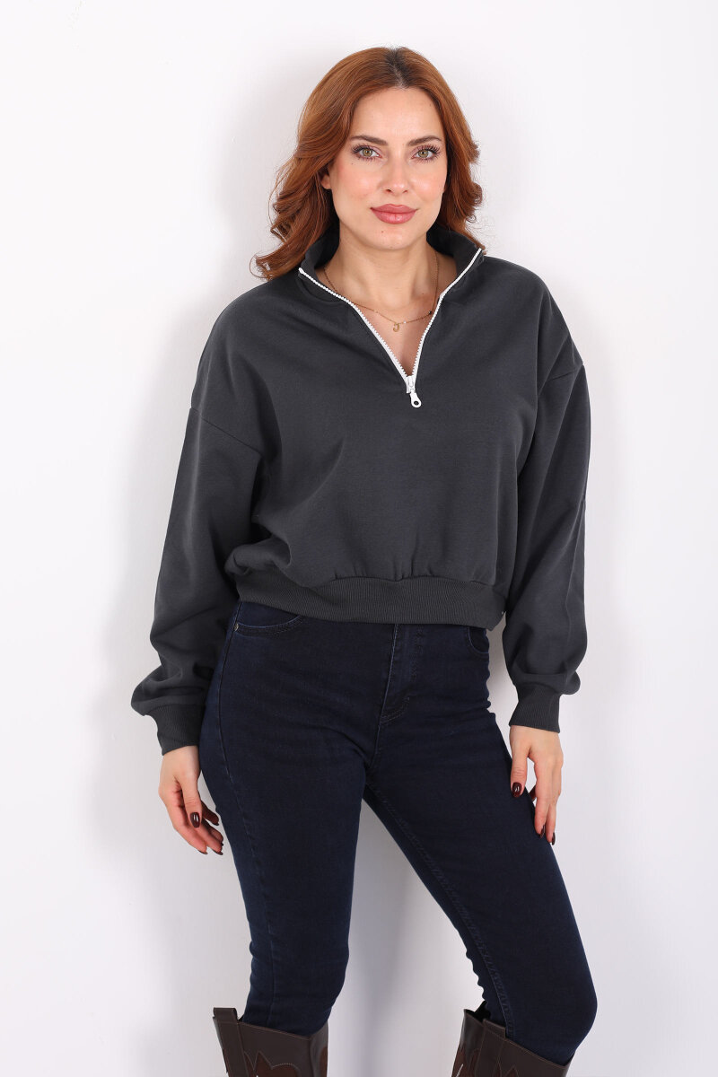 Dik Yaka Yarım Fermuarlı Antrasit Kadın Üç İp Sweat - 6