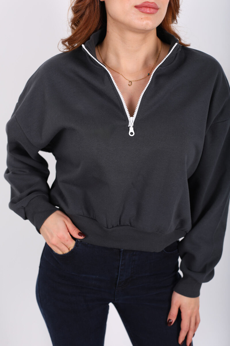 Dik Yaka Yarım Fermuarlı Antrasit Kadın Üç İp Sweat - 2