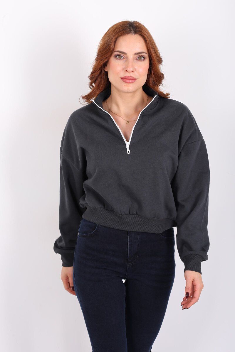 Dik Yaka Yarım Fermuarlı Antrasit Kadın Üç İp Sweat - 4