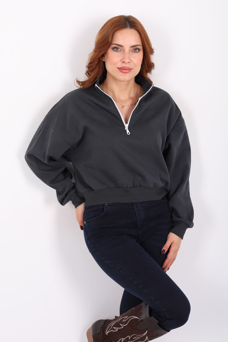 Dik Yaka Yarım Fermuarlı Antrasit Kadın Üç İp Sweat - 1