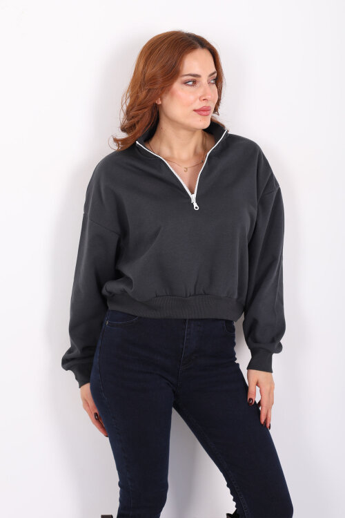 Dik Yaka Yarım Fermuarlı Antrasit Kadın Üç İp Sweat - 3