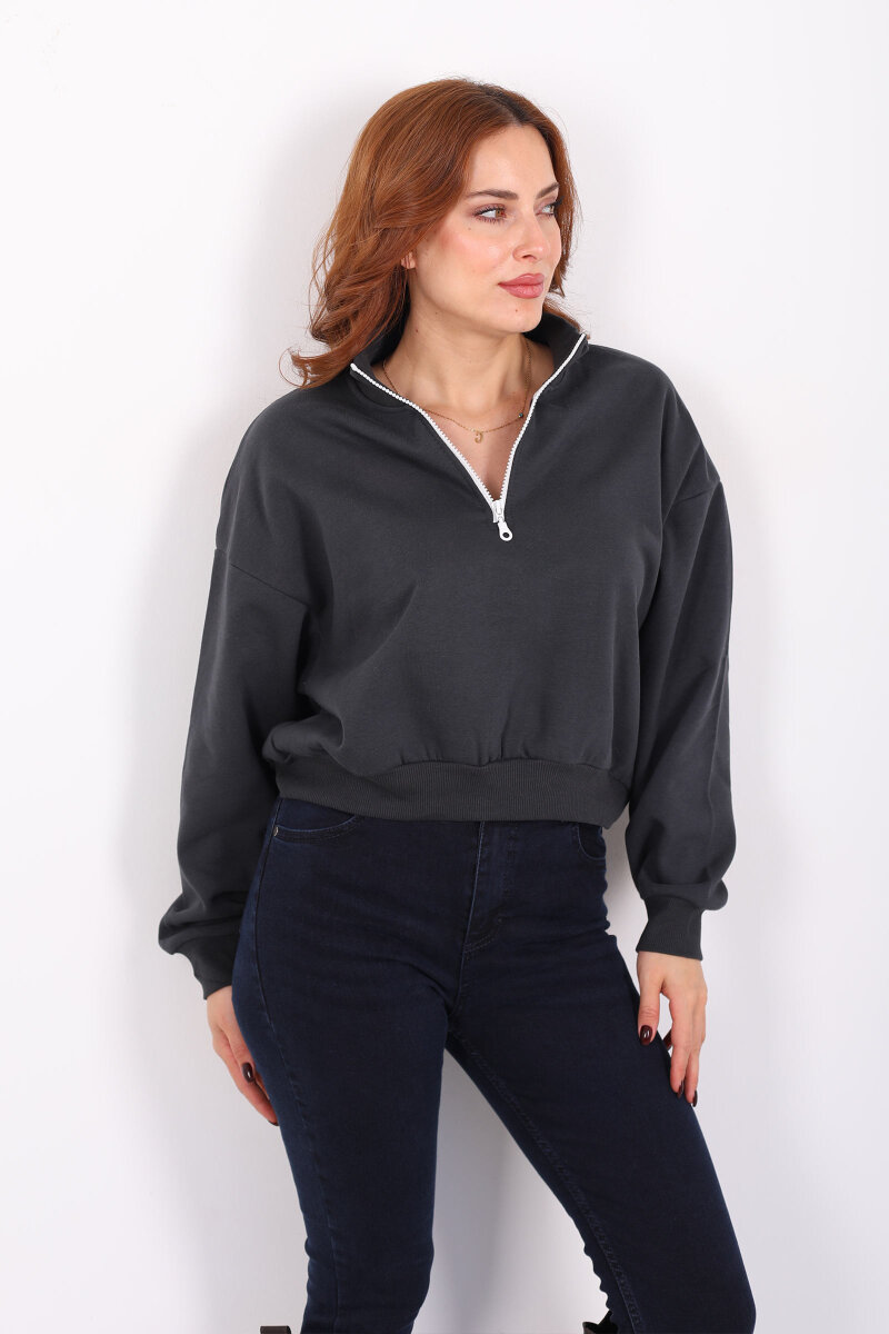 Dik Yaka Yarım Fermuarlı Antrasit Kadın Üç İp Sweat - 3