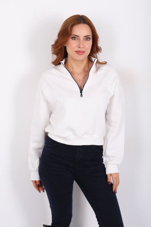 Dik Yaka Yarım Fermuarlı Beyaz Kadın Üç İp Sweat - 5