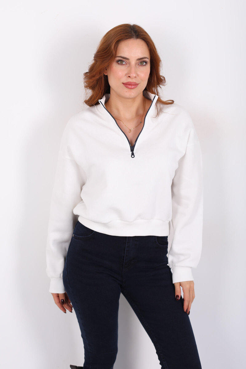 Dik Yaka Yarım Fermuarlı Beyaz Kadın Üç İp Sweat - 5