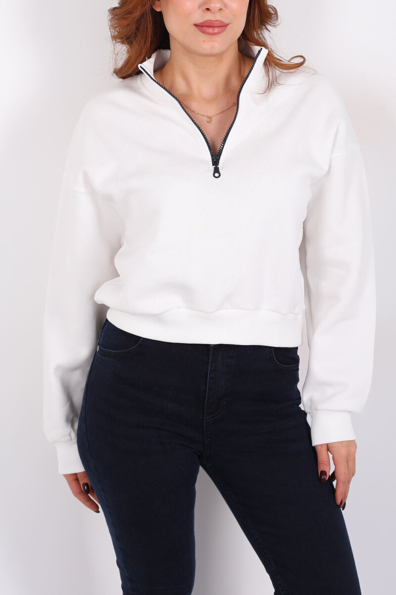 Dik Yaka Yarım Fermuarlı Beyaz Kadın Üç İp Sweat - 2