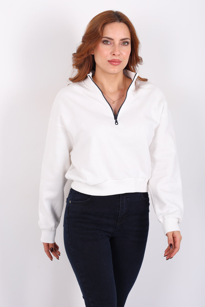 Dik Yaka Yarım Fermuarlı Beyaz Kadın Üç İp Sweat - 3