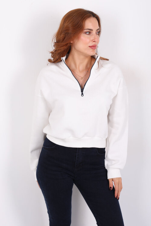 Dik Yaka Yarım Fermuarlı Beyaz Kadın Üç İp Sweat - Berox