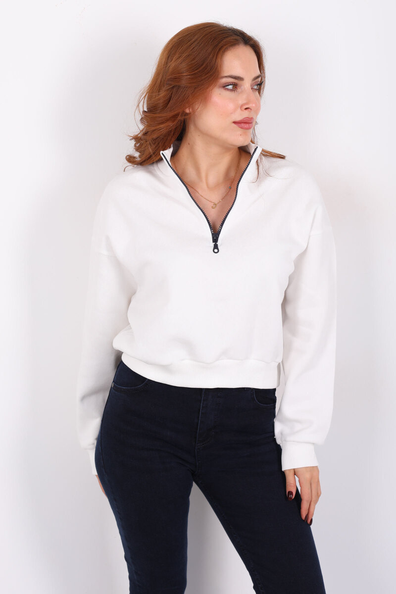Dik Yaka Yarım Fermuarlı Beyaz Kadın Üç İp Sweat - 1