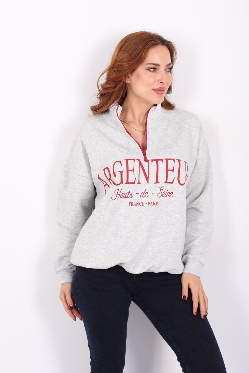 Dik Yaka Yarım Fermuarlı Gri Kadın Baskılı Sweat - 3
