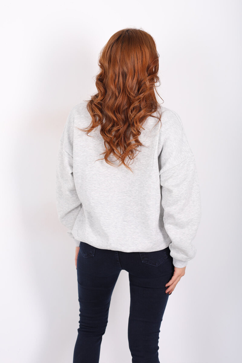 Dik Yaka Yarım Fermuarlı Gri Kadın Baskılı Sweat - 5