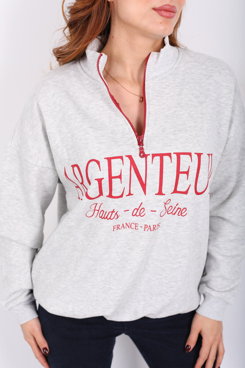 Dik Yaka Yarım Fermuarlı Gri Kadın Baskılı Sweat - 2