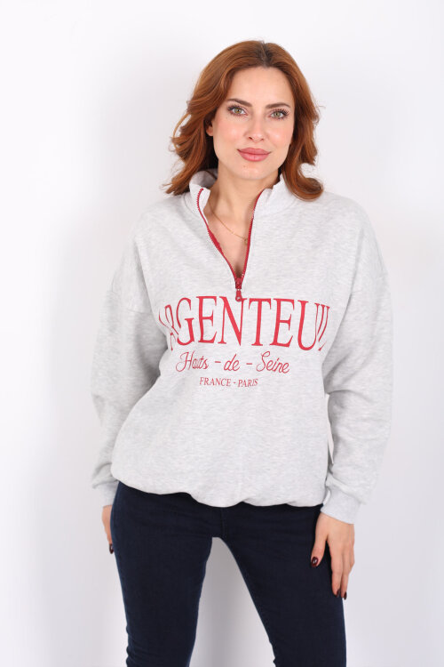 Dik Yaka Yarım Fermuarlı Gri Kadın Baskılı Sweat - 6