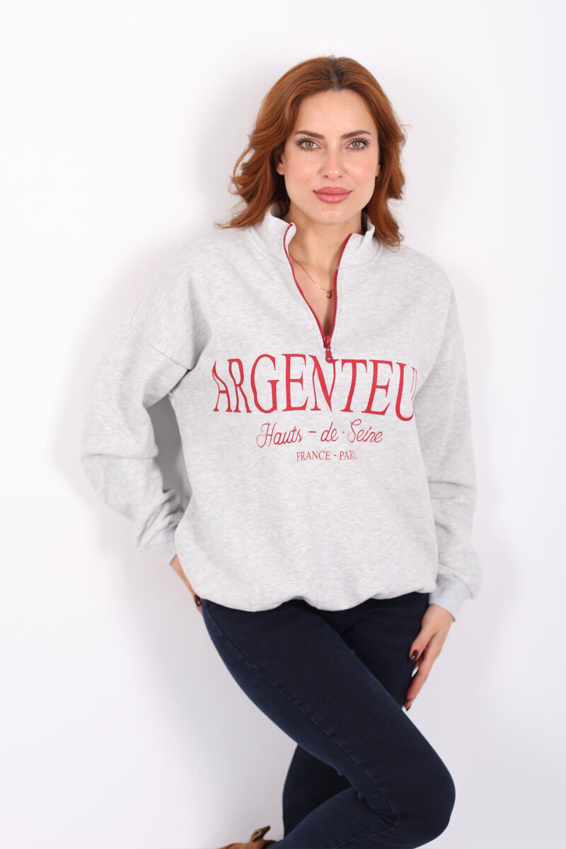 Dik Yaka Yarım Fermuarlı Gri Kadın Baskılı Sweat - 1