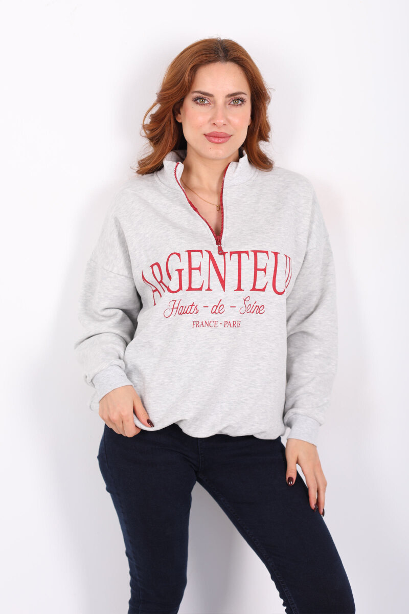 Dik Yaka Yarım Fermuarlı Gri Kadın Baskılı Sweat - 4
