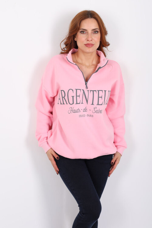 Dik Yaka Yarım Fermuarlı Pembe Kadın Baskılı Sweat - 3