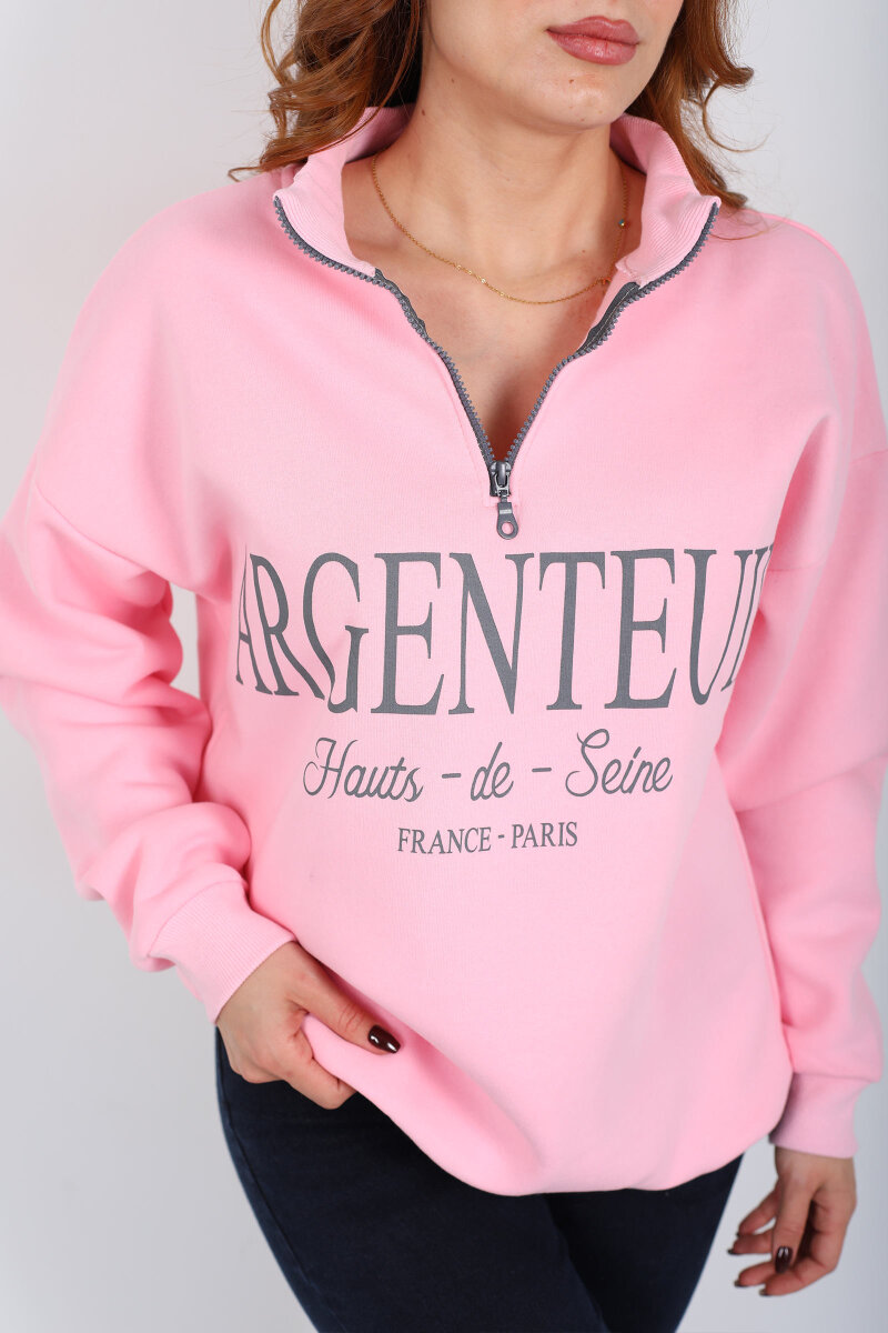 Dik Yaka Yarım Fermuarlı Pembe Kadın Baskılı Sweat - 2