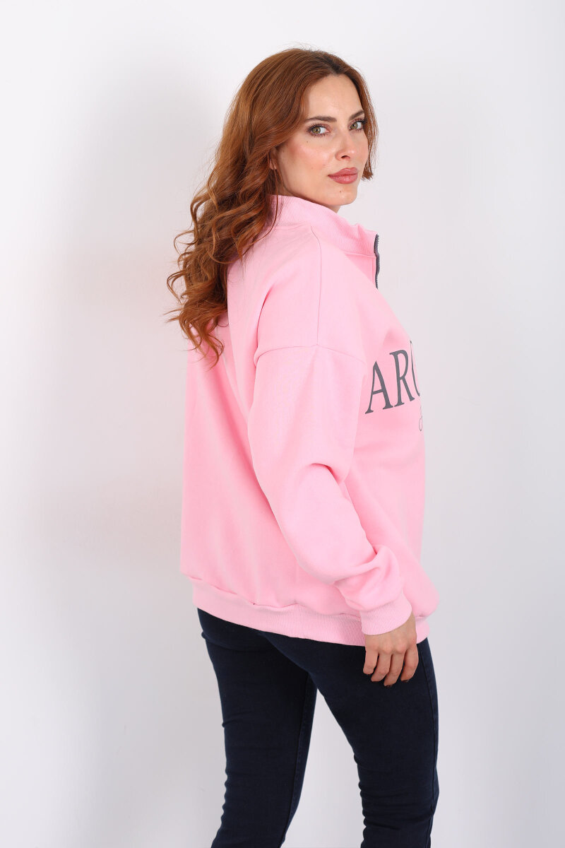 Dik Yaka Yarım Fermuarlı Pembe Kadın Baskılı Sweat - 5