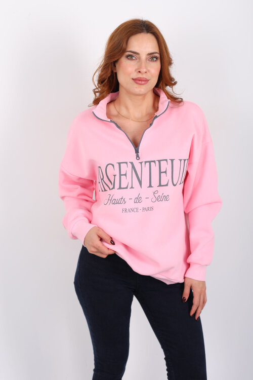 Dik Yaka Yarım Fermuarlı Pembe Kadın Baskılı Sweat - 4