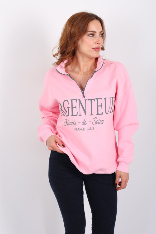 Dik Yaka Yarım Fermuarlı Pembe Kadın Baskılı Sweat - Berox