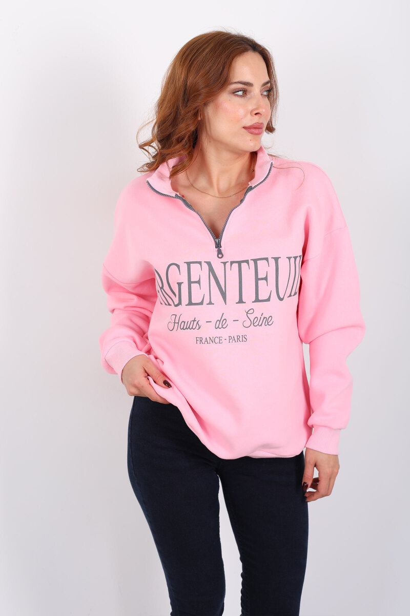 Dik Yaka Yarım Fermuarlı Pembe Kadın Baskılı Sweat - 1