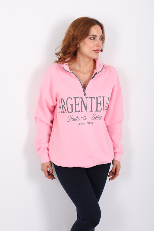 Dik Yaka Yarım Fermuarlı Pembe Kadın Baskılı Sweat - 6