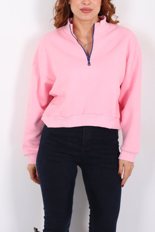 Dik Yaka Yarım Fermuarlı Pembe Kadın Üç İp Sweat - Berox (1)