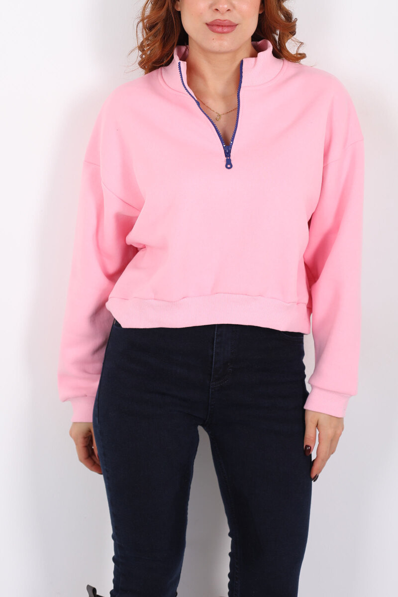 Dik Yaka Yarım Fermuarlı Pembe Kadın Üç İp Sweat - 2
