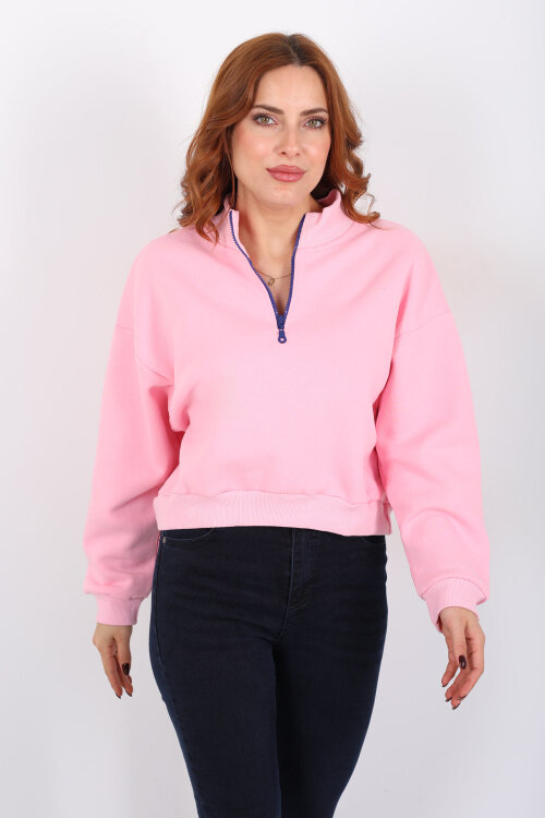 Dik Yaka Yarım Fermuarlı Pembe Kadın Üç İp Sweat - 6